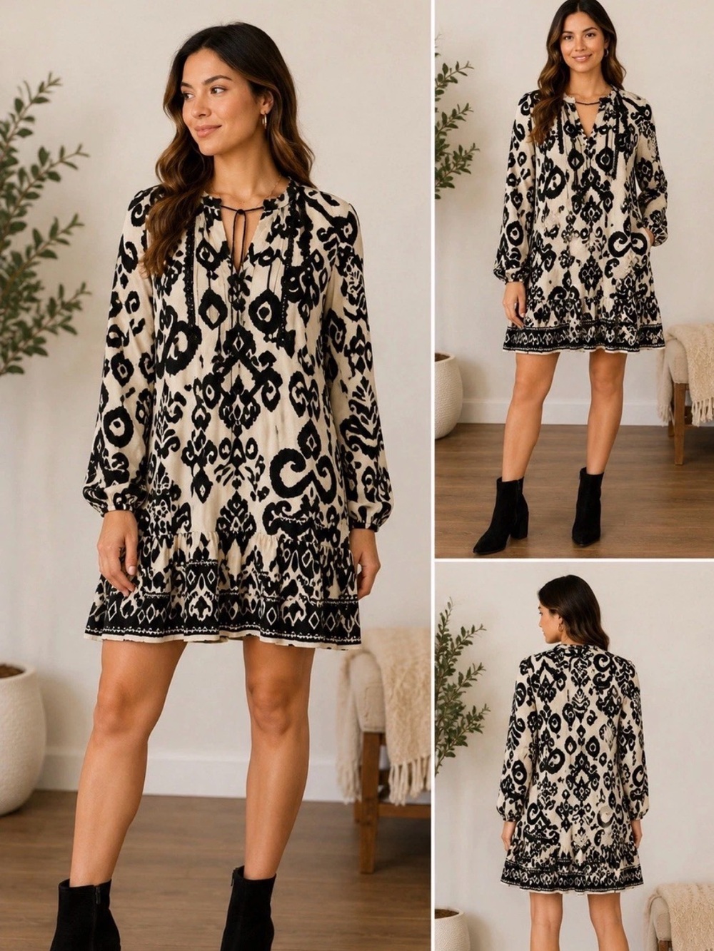 Zara Long Sleeve Shift Dress Black & white Size Large Boho Tribal